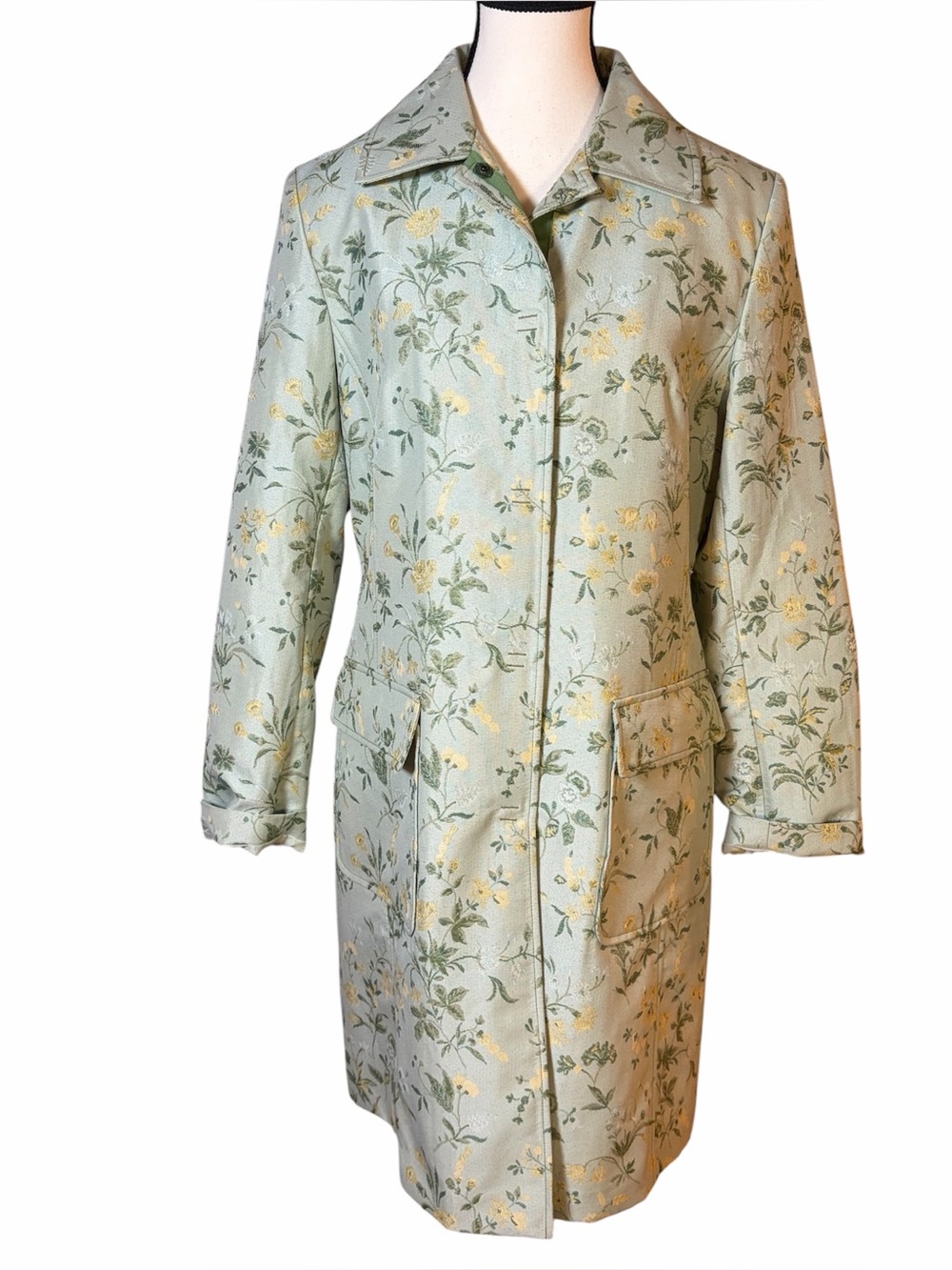 Vintage Gallery Floral Trench Coat Sage Green Raincoat Long Jacket Size M